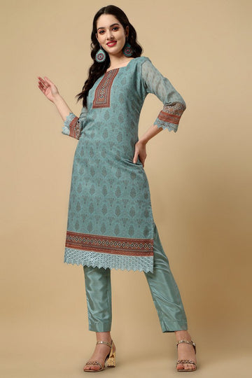 Turquoise Green Chanderi Silk Digital Printed Unstitched Salwar Suit